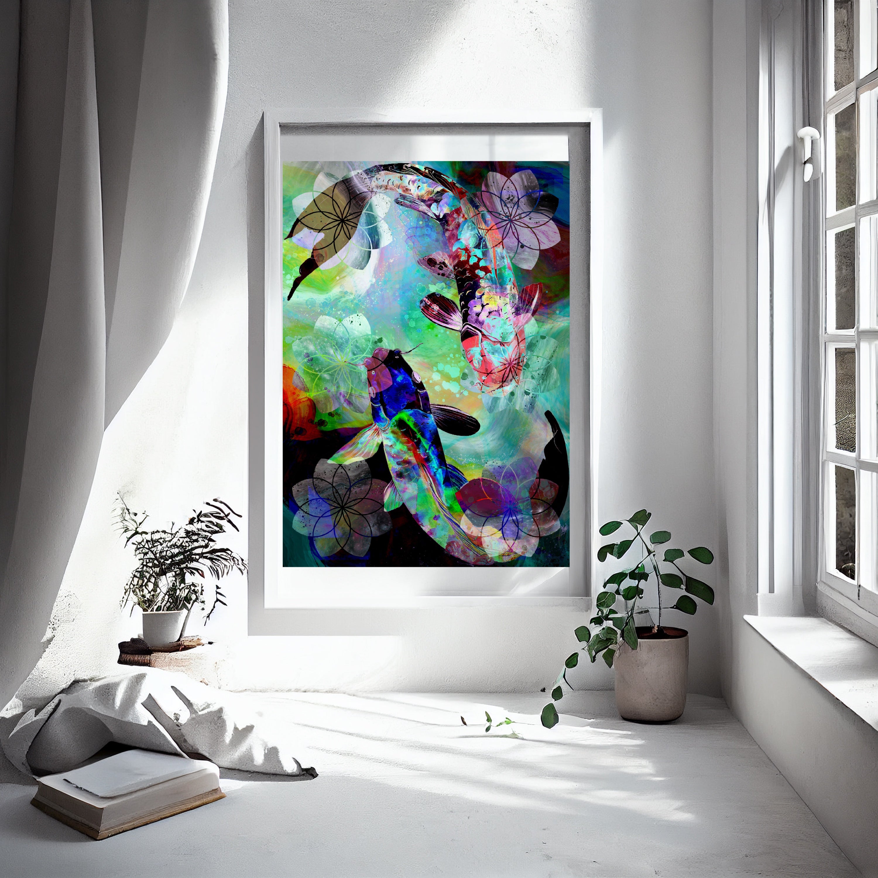 Koi fish wall art, Japanese art print, green, spiritual wall art, displayed in frame, ascension digital fine art.