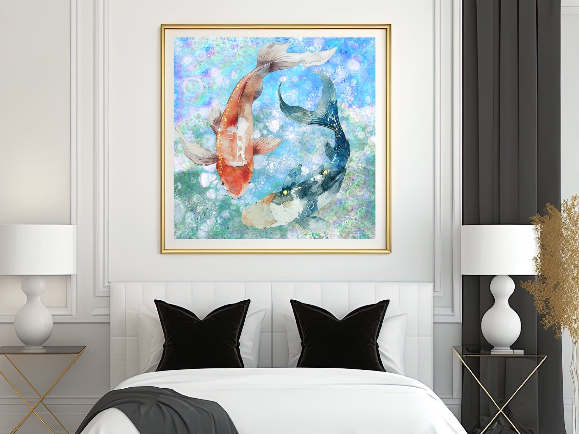 Koi fish wall art, Japanese art print, spiritual wall art, square, displayed in frame, ascension digital fine art.