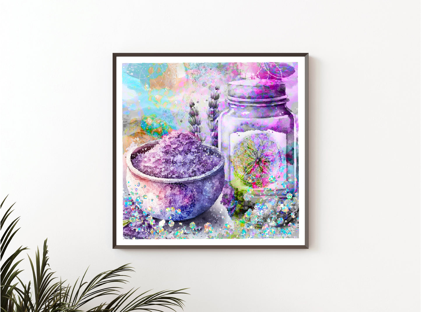 Meditation art print, spiritual wall art, lavender, apothecary, oil, salts, crystals, purple and blue, embellished framed art print.