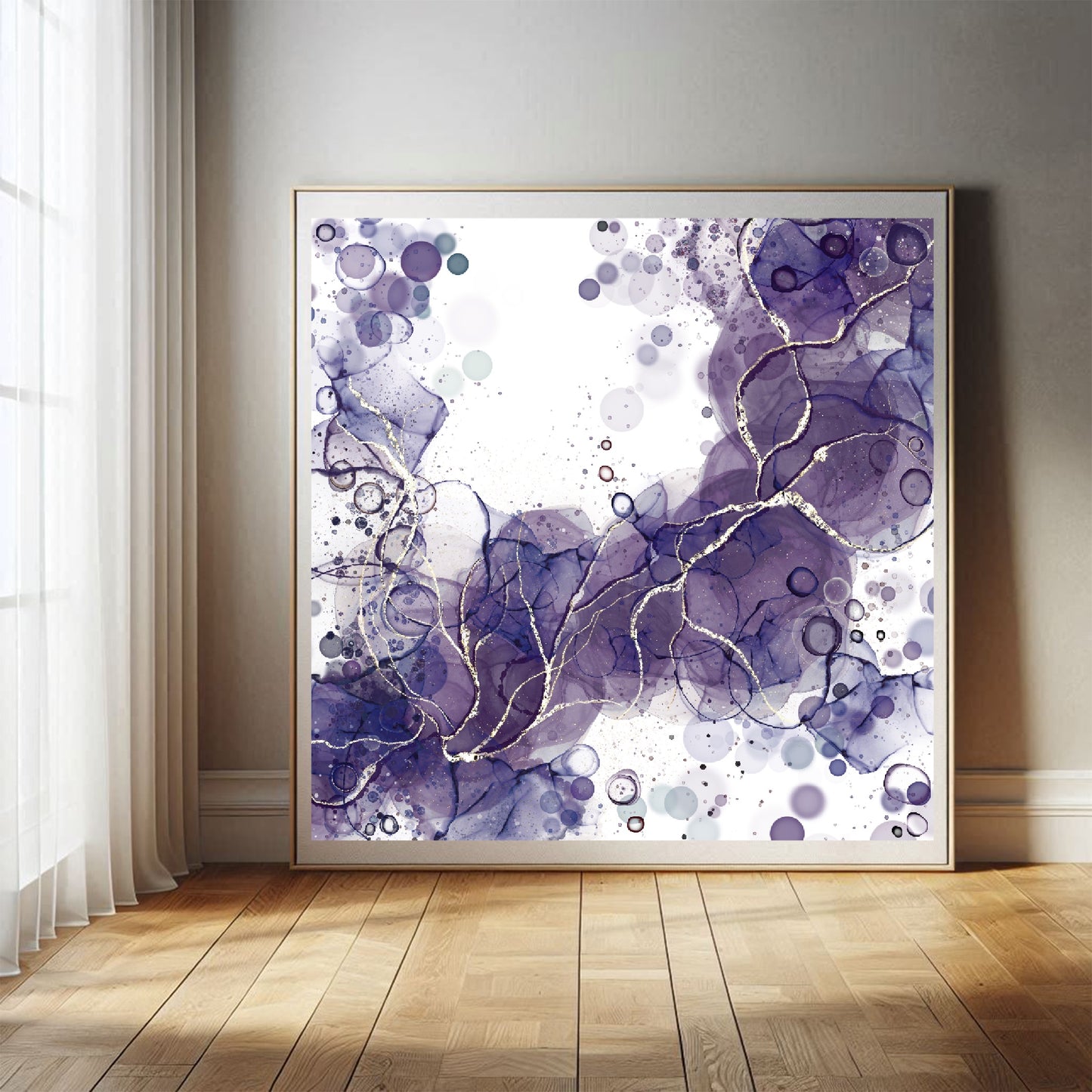 Abstract art print, spiritual wall art, purple and gold, shown in mounted frame.