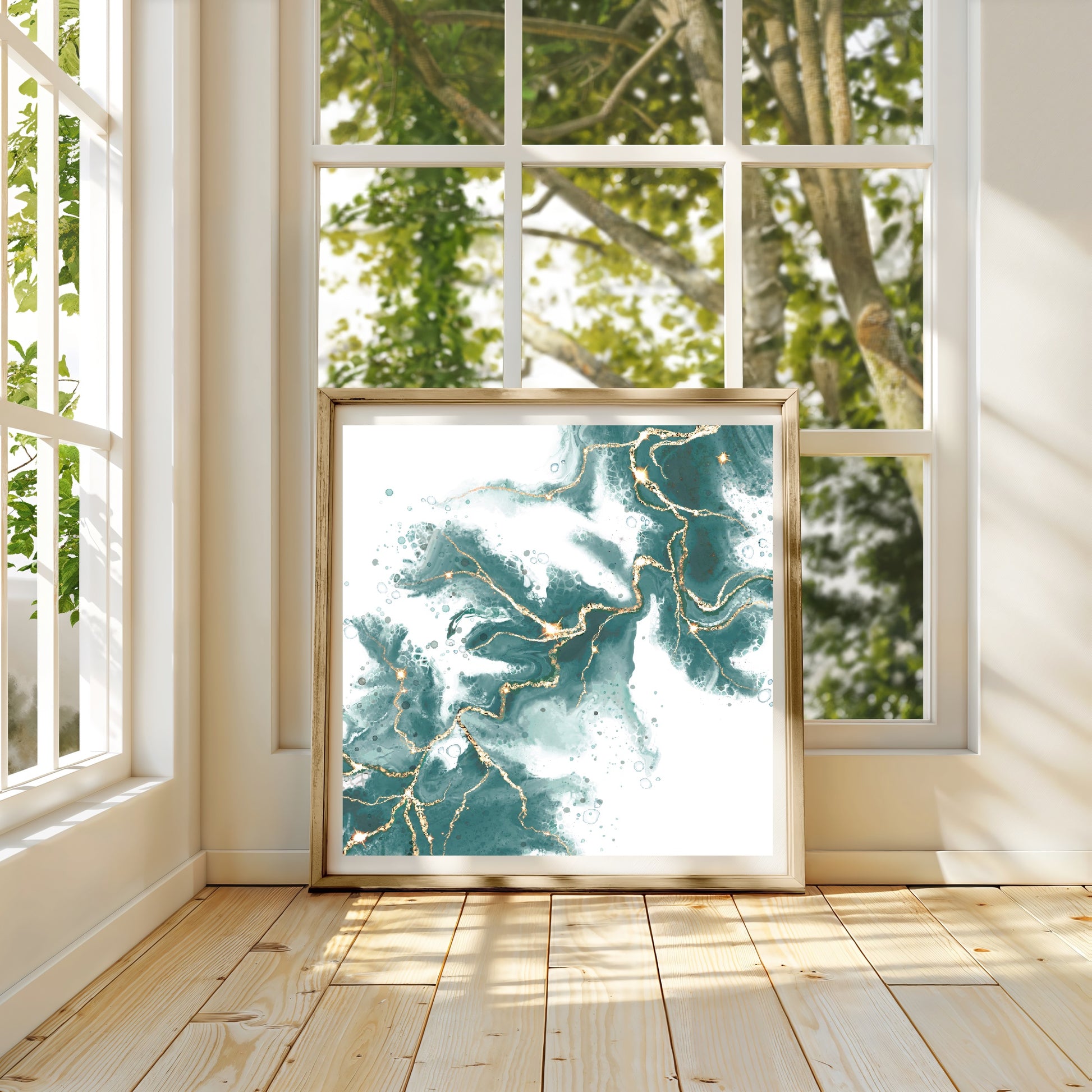 Abstract art print, spiritual wall art, mint green and gold, shown in mounted frame.