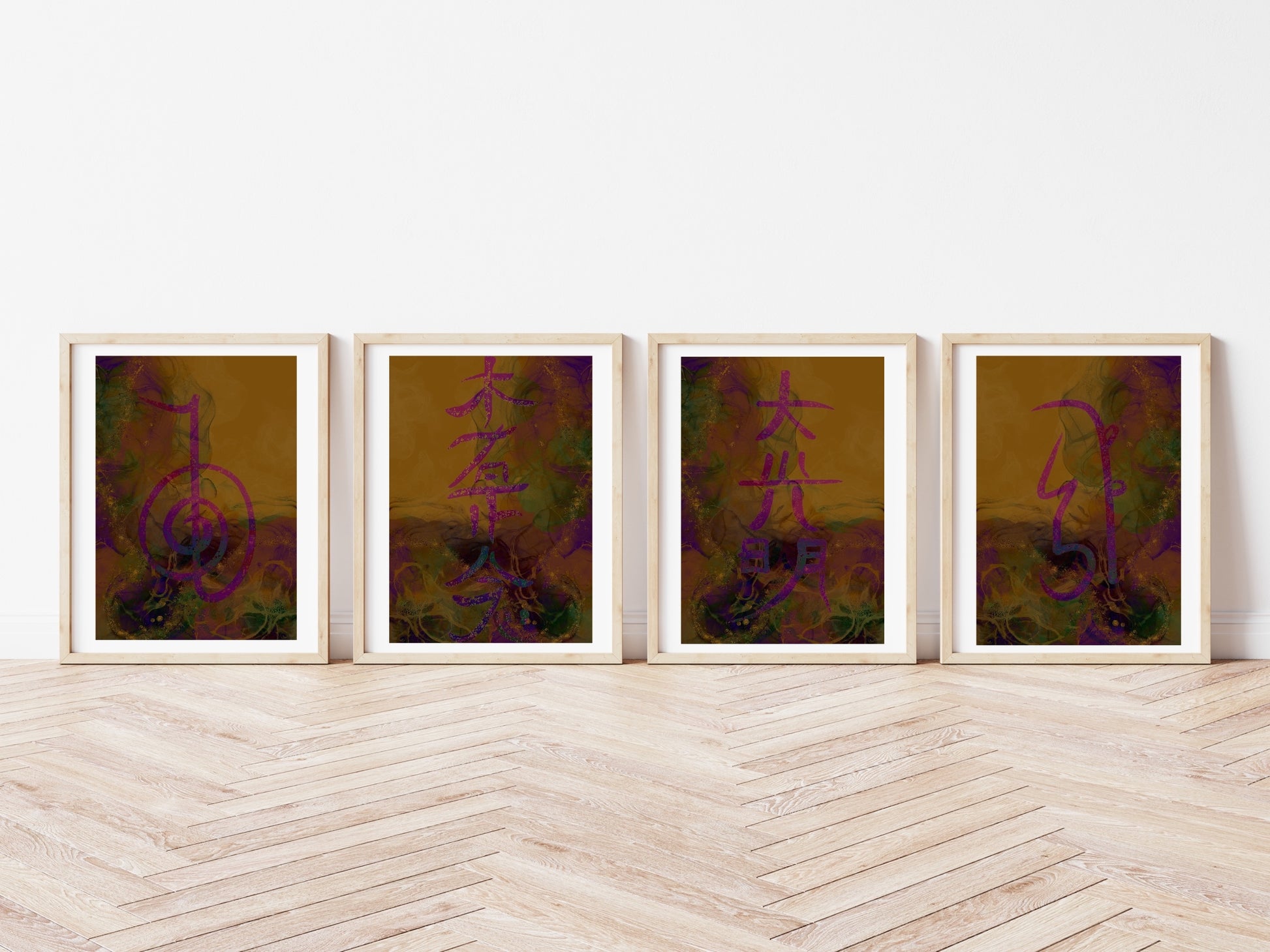 Reiki symbol wall art, Japanese art prints, spiritual wall art, vibrant,set of 4,displayed in frames, Ascension digital fine art.