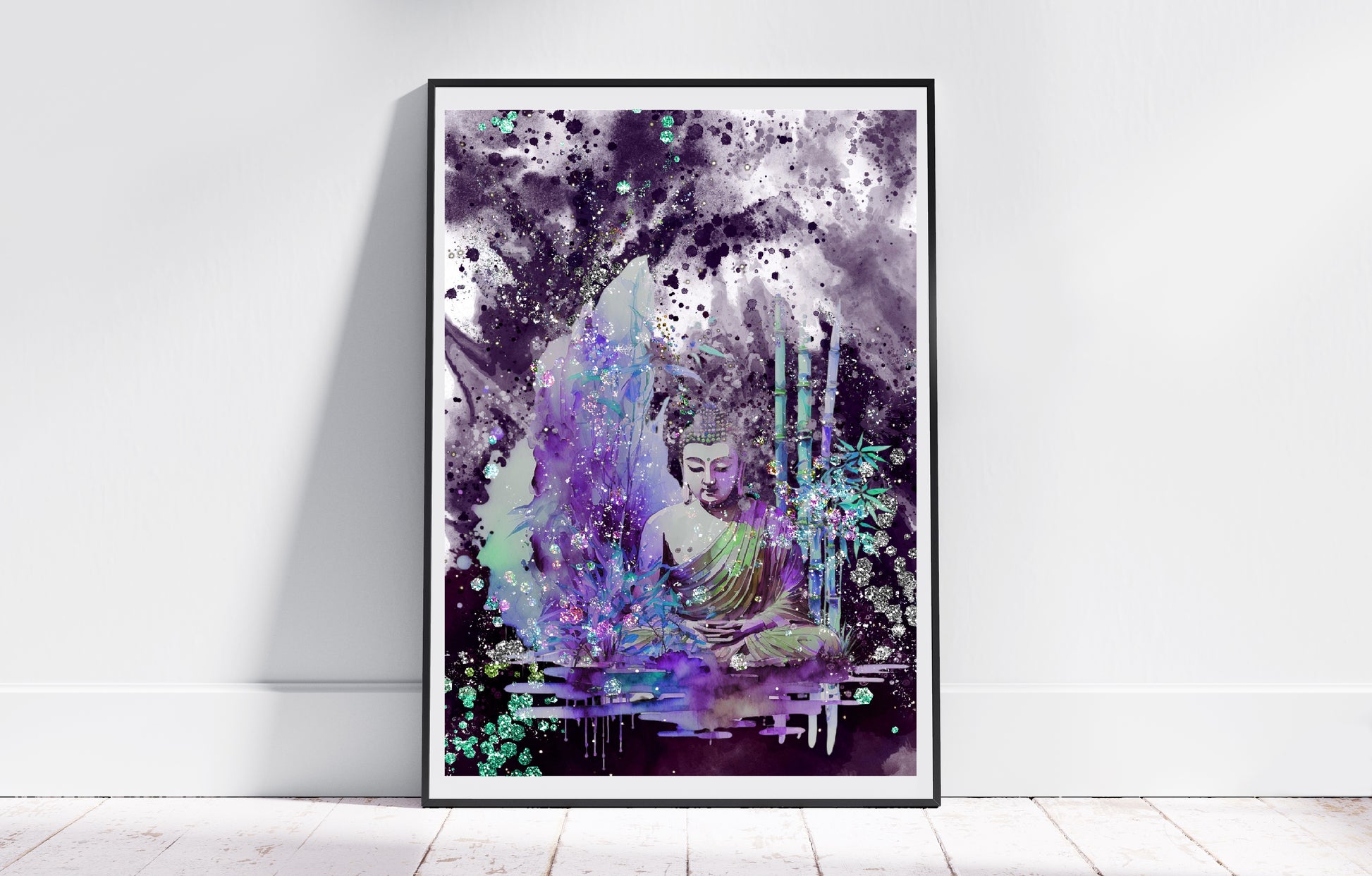 Buddha wall art, buddha meditating, spiritual art print, purple and green, Ascension digital fine art.