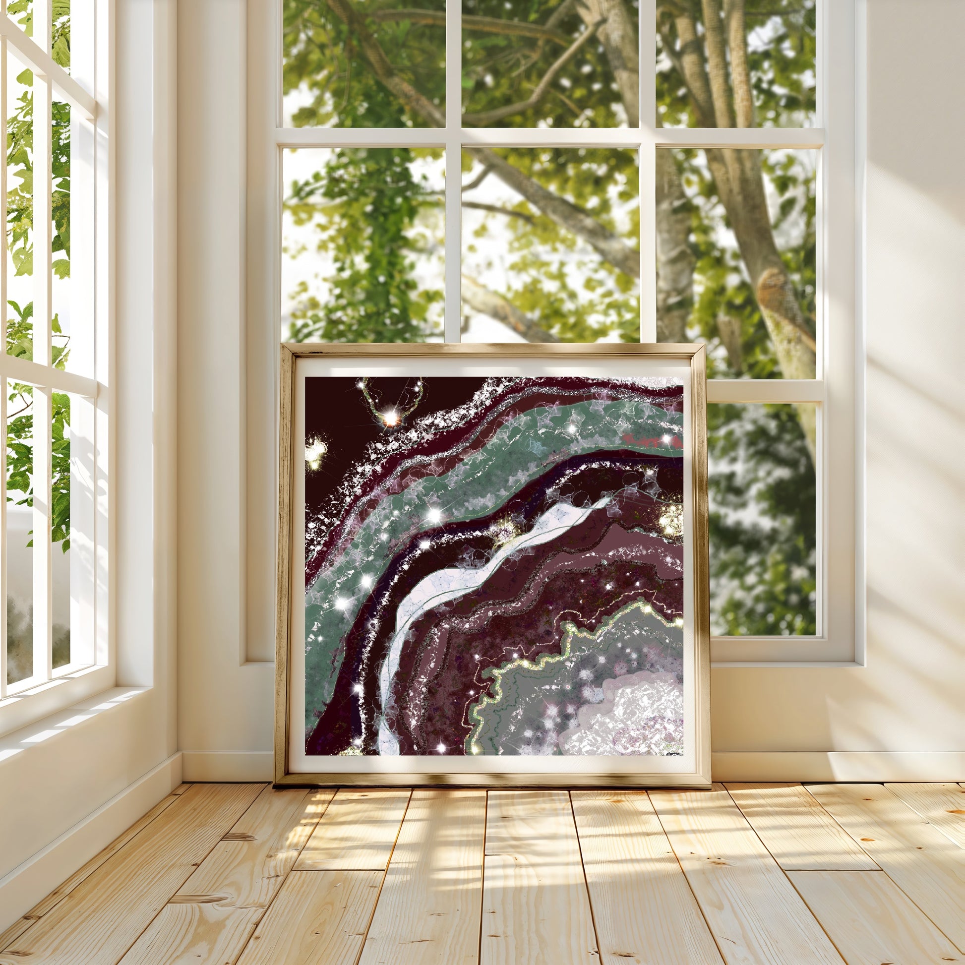 Geode agate wall art, spiritual art print, red and green, displayed in mounted frame.