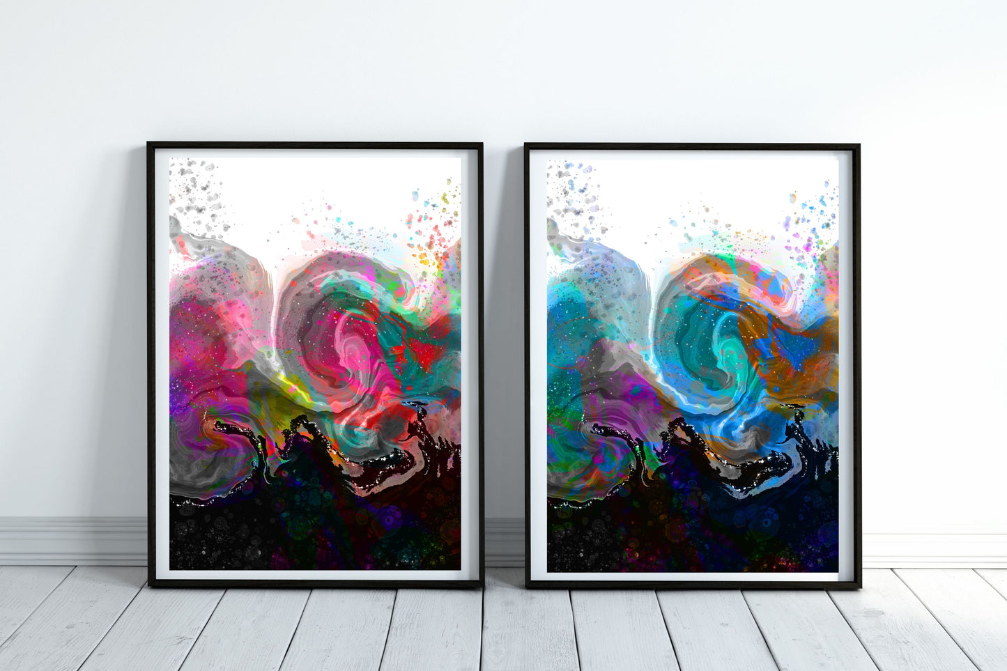 Coastal wall art, waves art print, vibrant colours, spiritual wall art, set of 2, displayed in frame, ascension digital fine art.