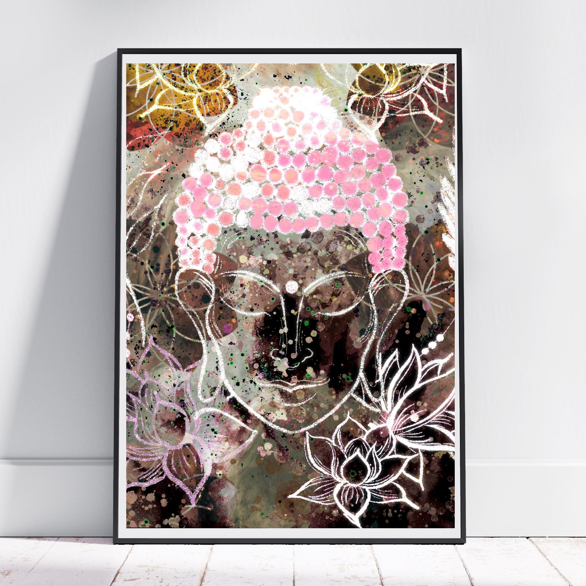 Buddha wall art, buddha meditating, spiritual art print, pink and brown, Ascension digital fine art.