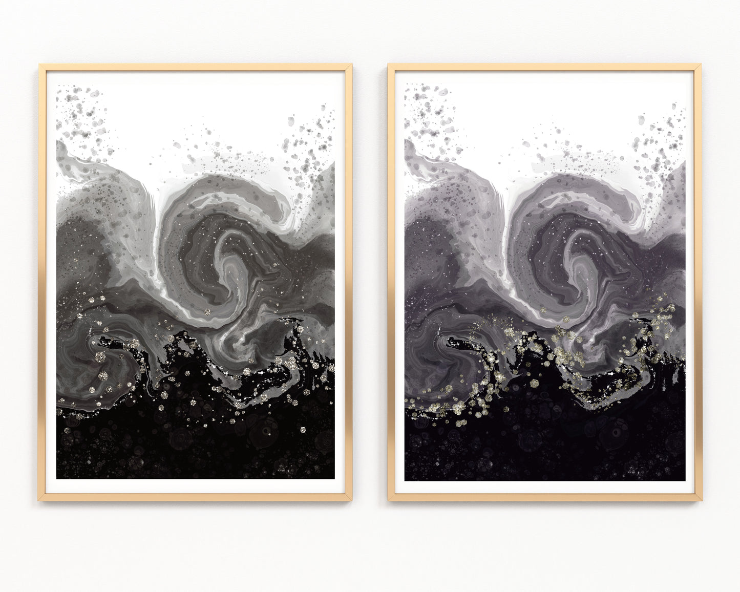 Coastal wall art, waves art print, black, spiritual wall art, set of 2, displayed in frame, ascension digital fine art.