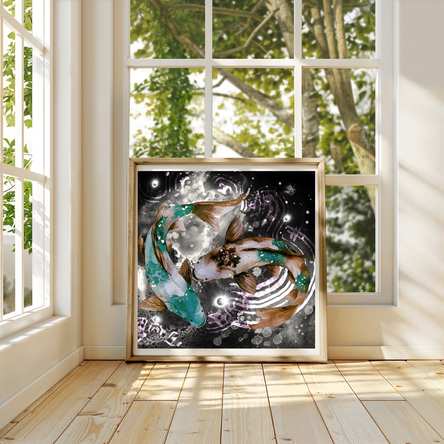 Koi fish wall art, Japanese art print, spiritual wall art, black brown green, square, displayed in frame.