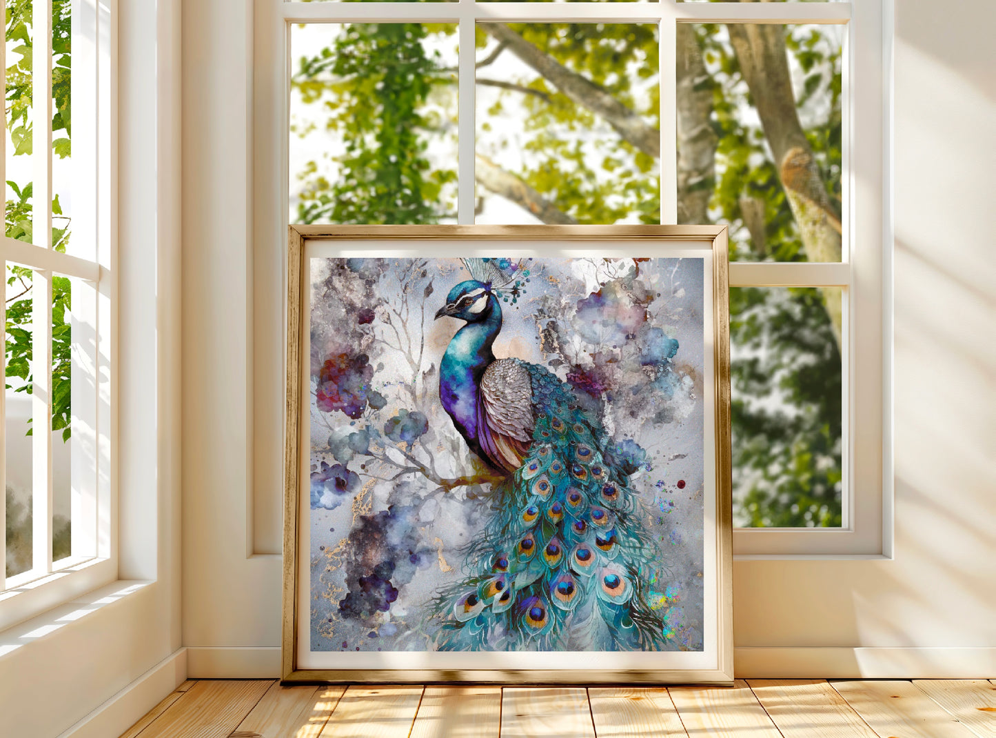 Peacock wall art, majestic bird, spirit animal art, spiritual wall art, meditation art print. Ascension digital fine art.