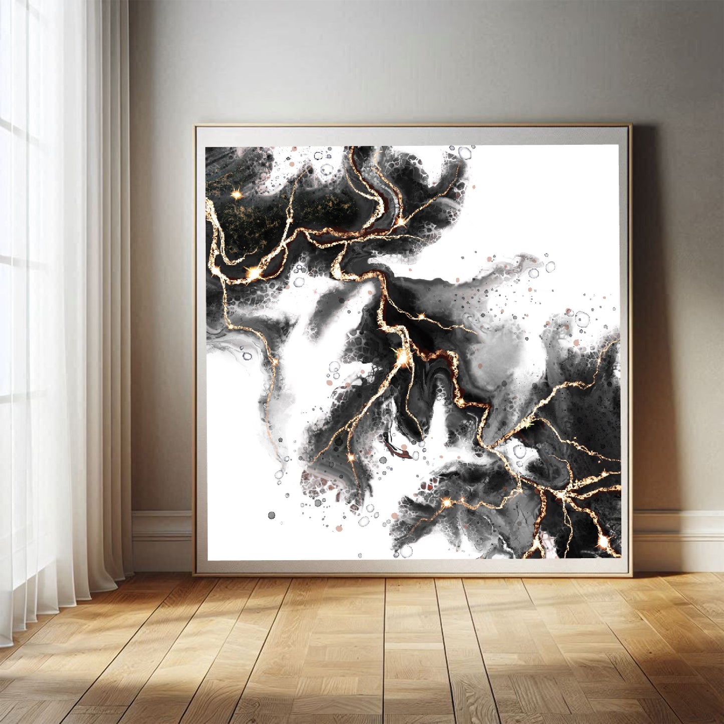 Abstract art print, spiritual wall art, black and gold, shown in mounted frame.