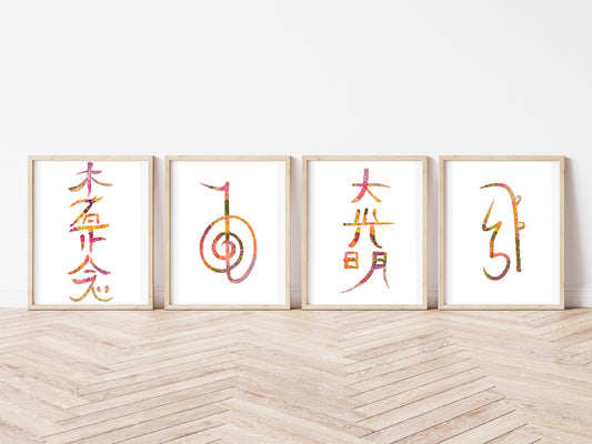 Reiki symbol wall art, Japanese art prints, spiritual wall art, vibrant,set of 4,displayed in frames, Ascension digital fine art.