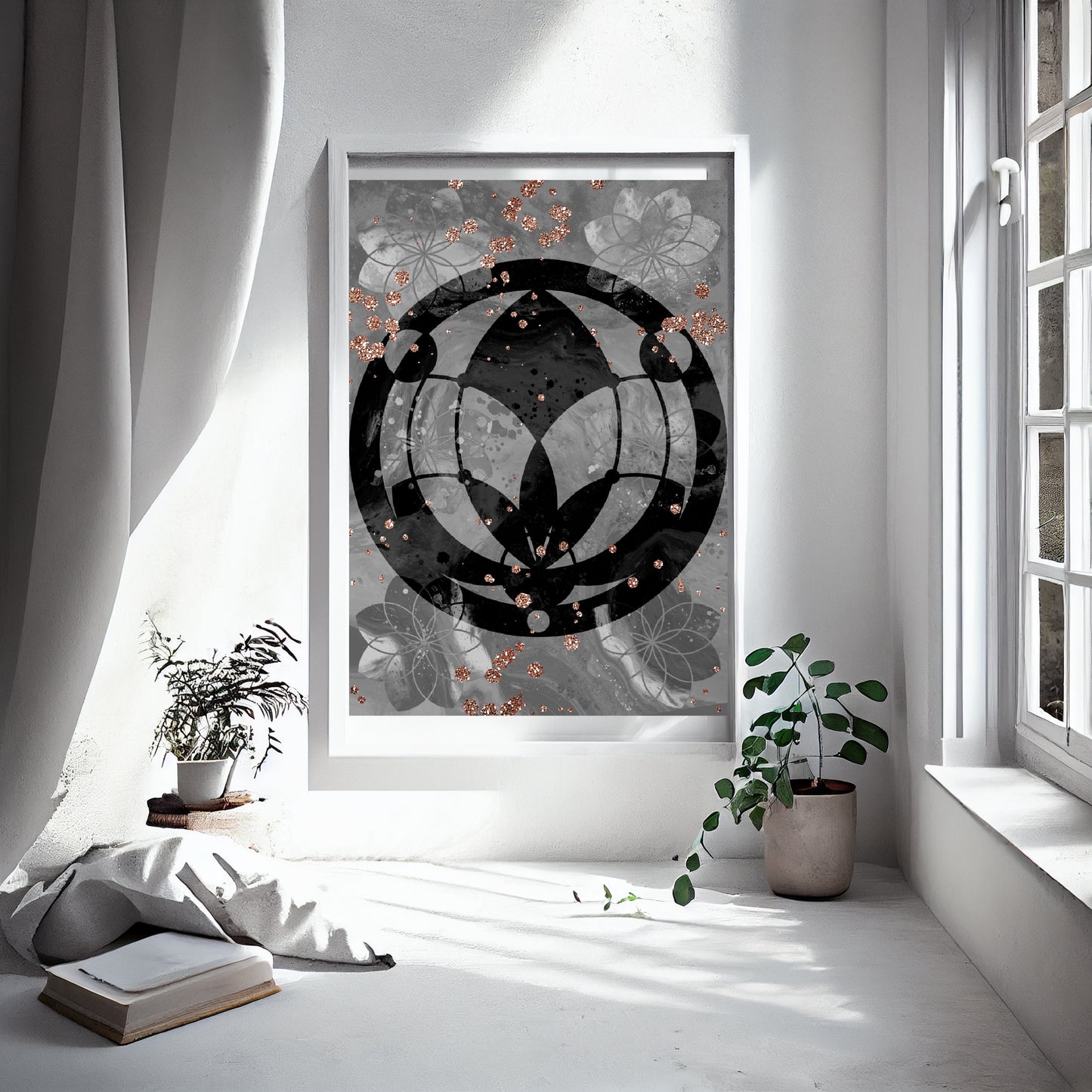 Lotus wall art, meditation wall art, spiritual art print, black, embellished - Ascension digital fine art.