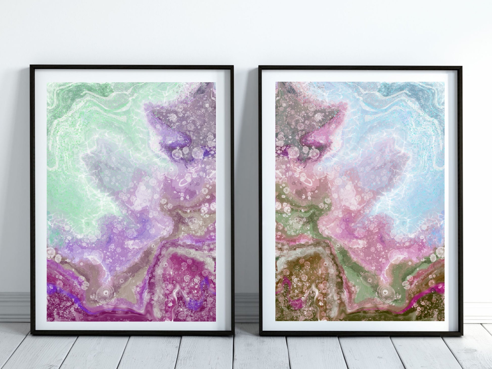 Coastal wall art, waves art print, vibrant, spiritual wall art, set of 2, displayed in frame, ascension digital fine art.