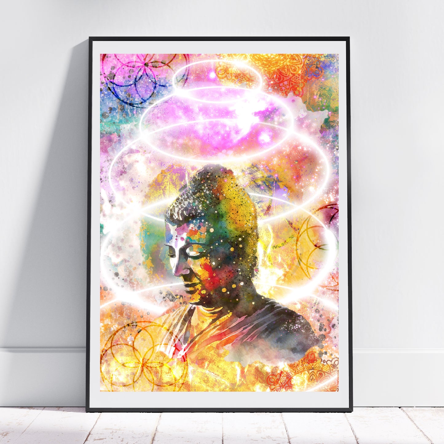 Buddha Meditating wall art, spiritual art print, meditation art, vibrant, displayed in frame, Ascension digital fine art.