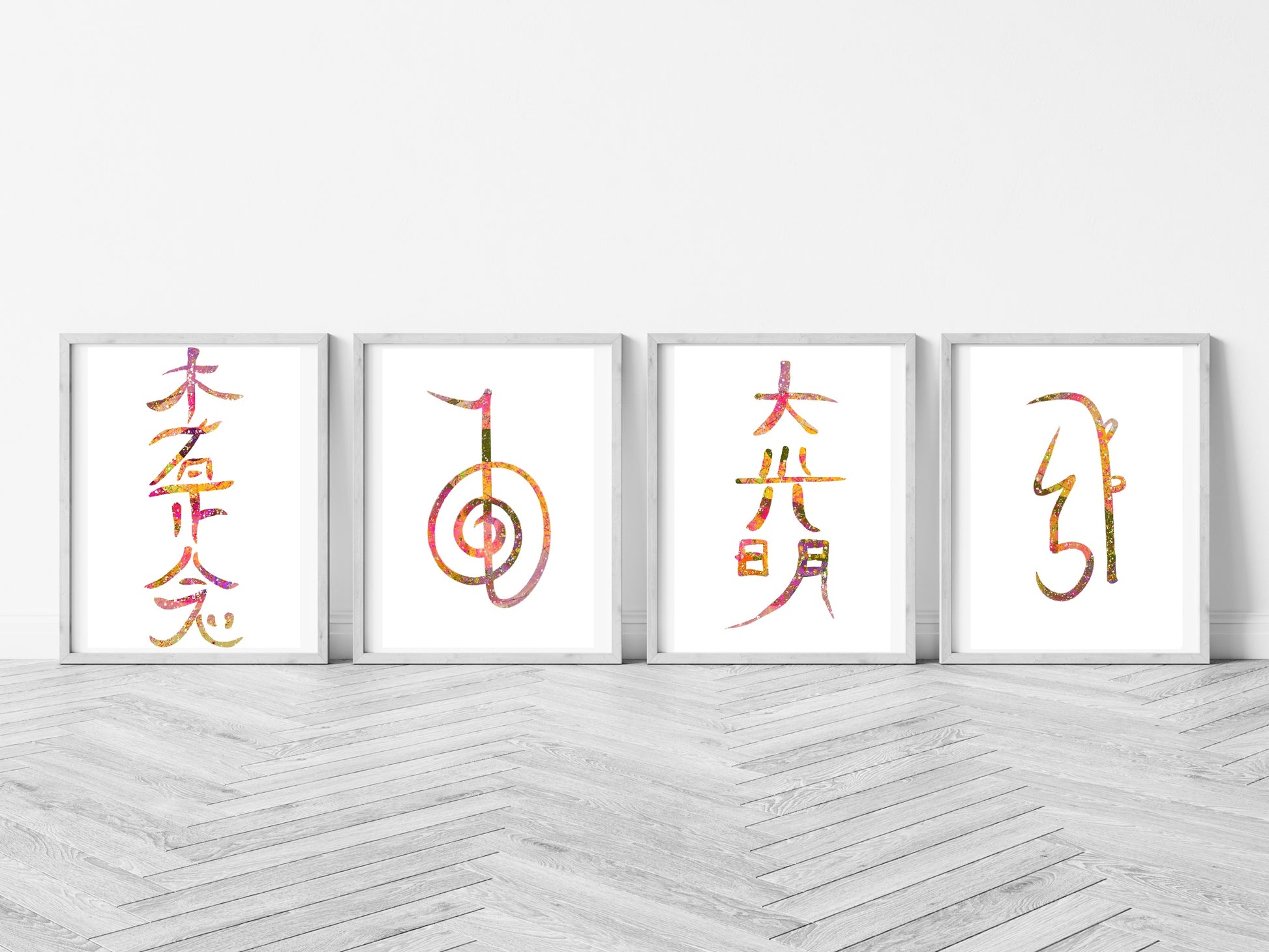 Reiki symbol wall art, Japanese art prints, spiritual wall art, vibrant,set of 4,displayed in frames, Ascension digital fine art.