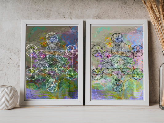 Metatrons cube pair Spiritual sacred geometry digital artwork pair art print. - Ascension digital fine art 