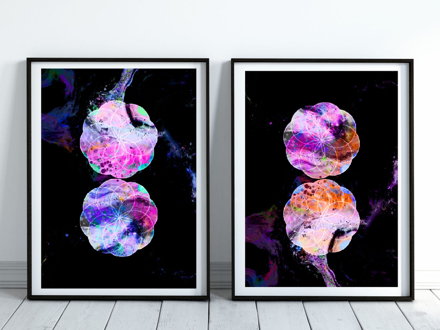 Sacred geometry wall art, seed of life wall art, spiritual art work, meditation art print, vibrant, set of 2 prints. Displayed in frames. - Ascension digital fine art.