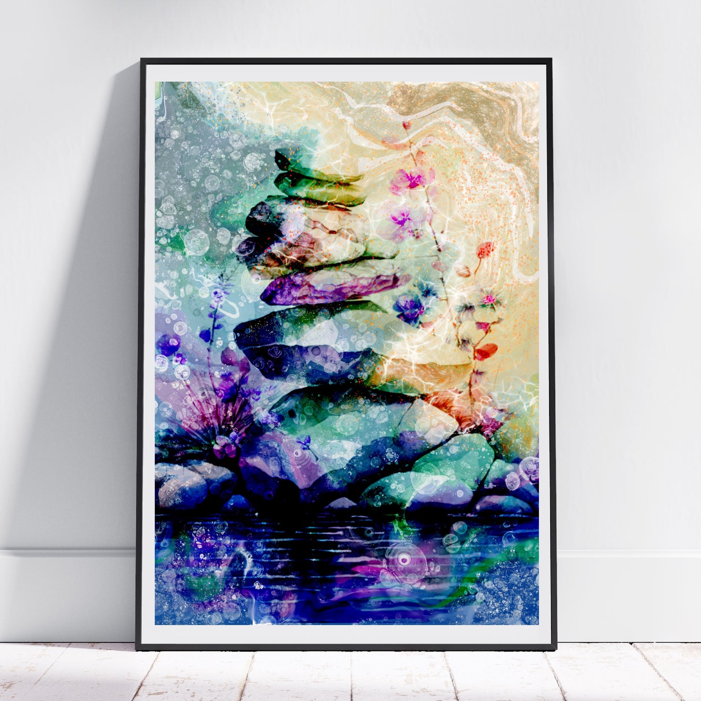 Balancing stones wall artwork, spiritual art print. Meditation. Ascension digital fine art.