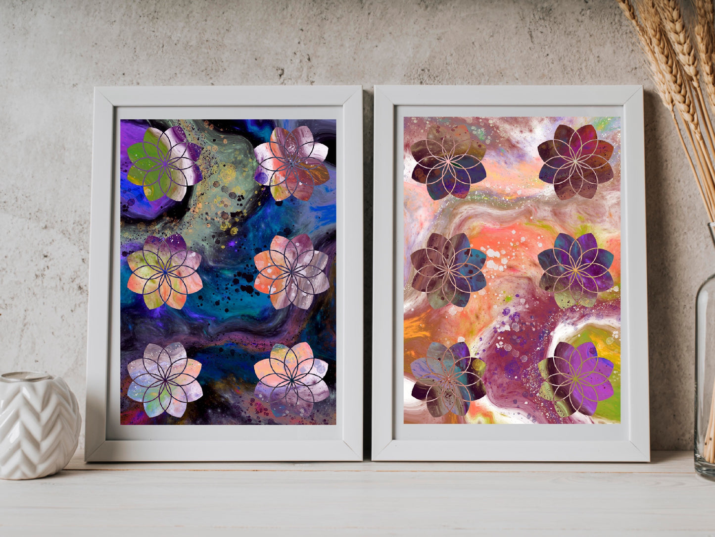 Sacred geometry wall art, flower of life wall art, spiritual art work, unique, meditation art print, vibrant, set of 2 prints, Displayed in frames. - Ascension digital fine art.