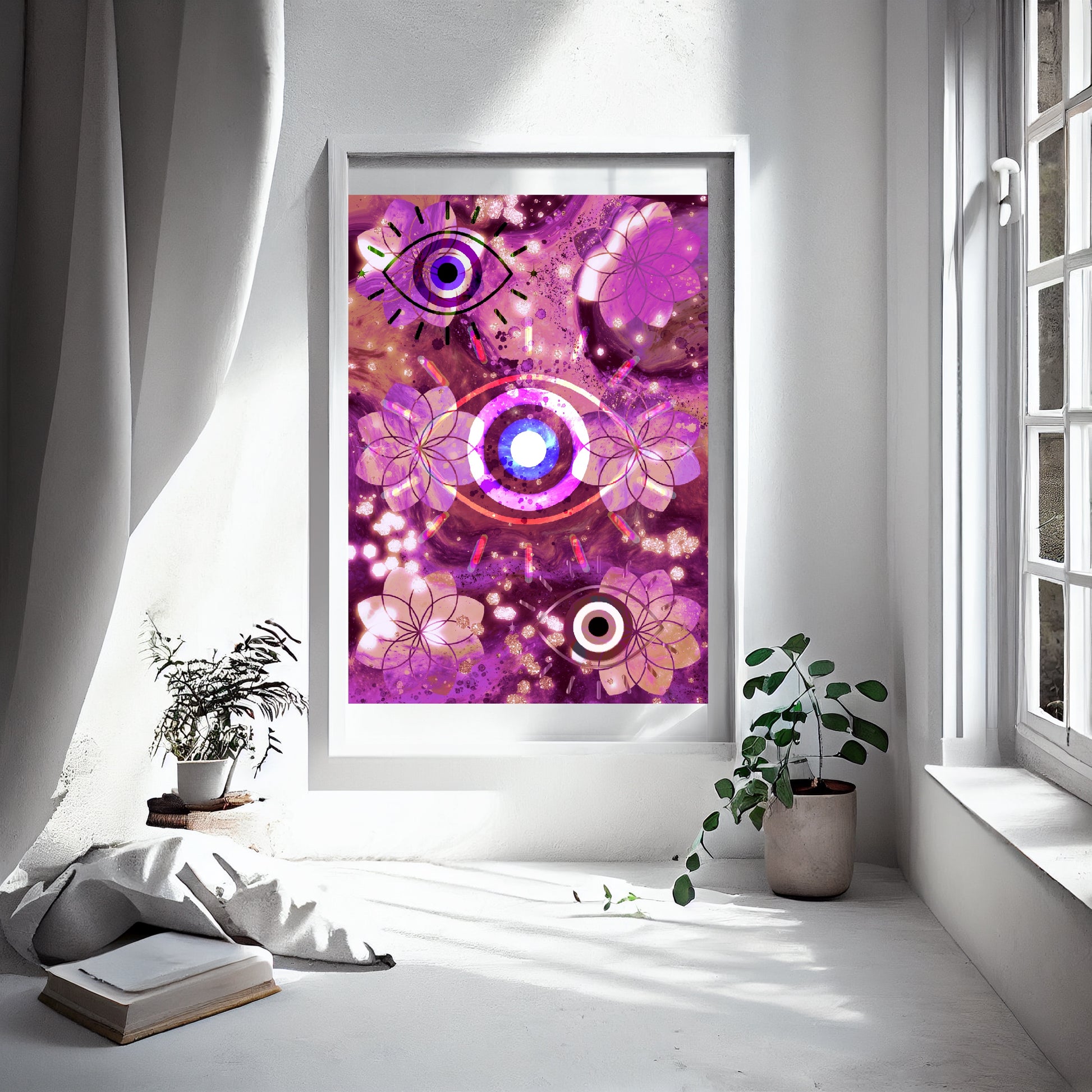 All seeing eye wall art, Meditation art, pink, spiritual art print, sacred geometry art print. - Ascension digital fine art.