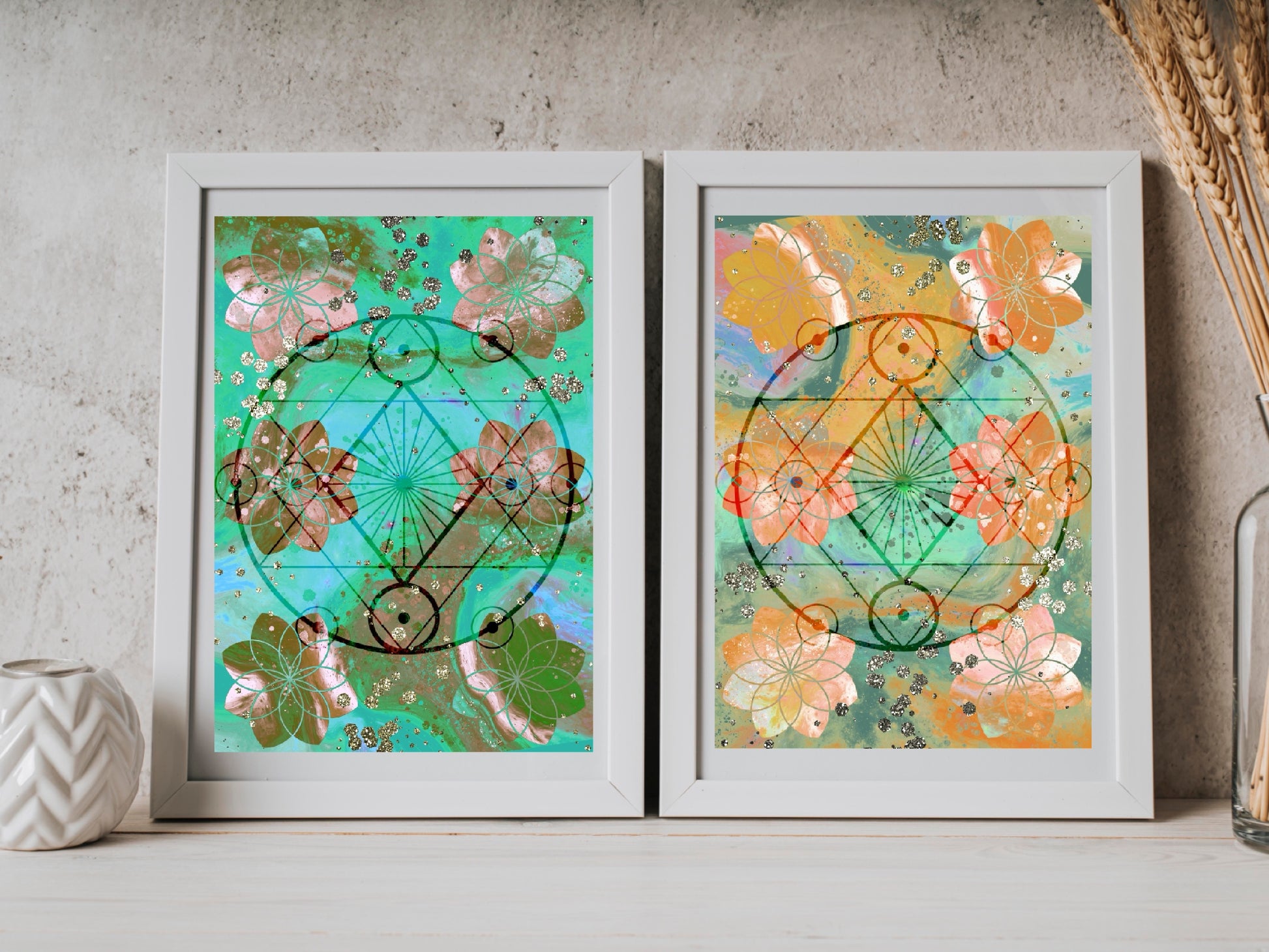 meditation wall art, spiritual art prints, set of 2, sacred geometry seed of life, green and orange, - Ascension digital fine art.