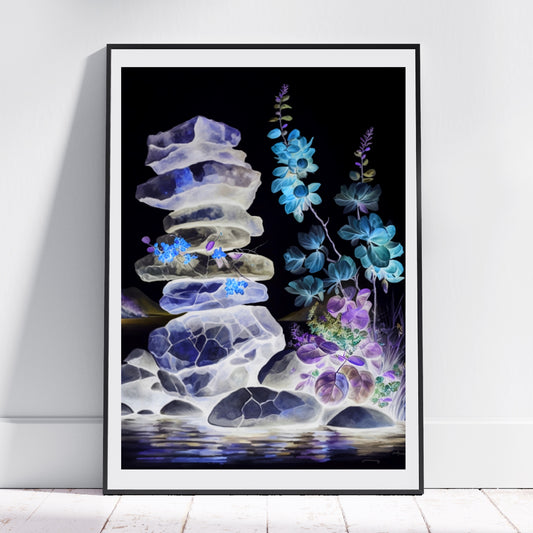 Spiritual wall art, balancing stones overlooking a stream at midnight, flowers glowing with vivid colours, blue. Meditation art print in mounted frame.