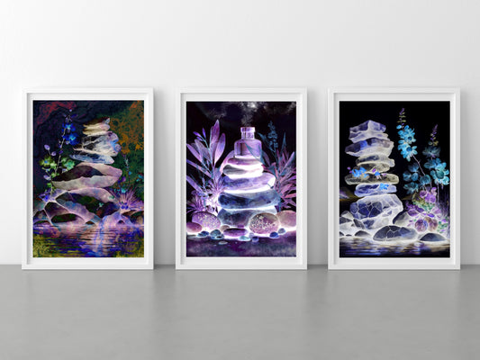 Balancing stones wall art, spiritual art prints. Set of three, displayed in frames, Ascension digital fine art.