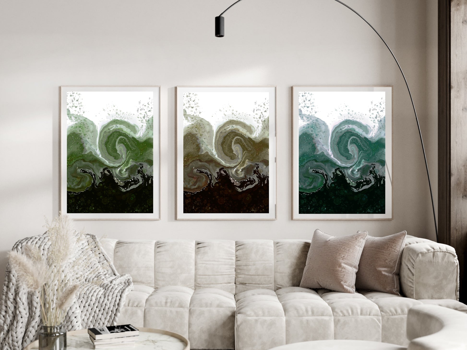 Coastal wall art, waves art print, green hues, spiritual wall art, set of 3, displayed in frame, ascension digital fine art.