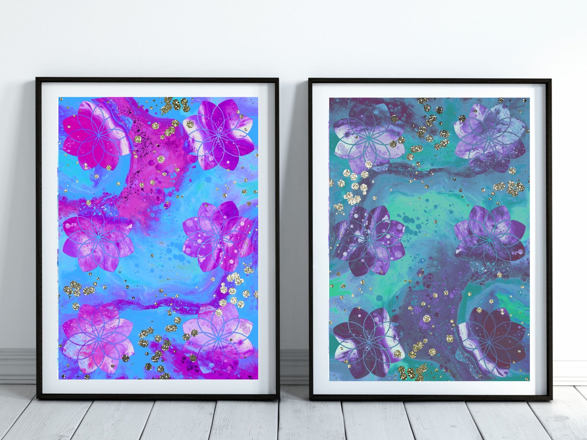 Sacred geometry wall art, seed of life wall art, spiritual art work, unique, meditation art print, vibrant, set of 2 prints. Displayed in frames. - Ascension digital fine art.