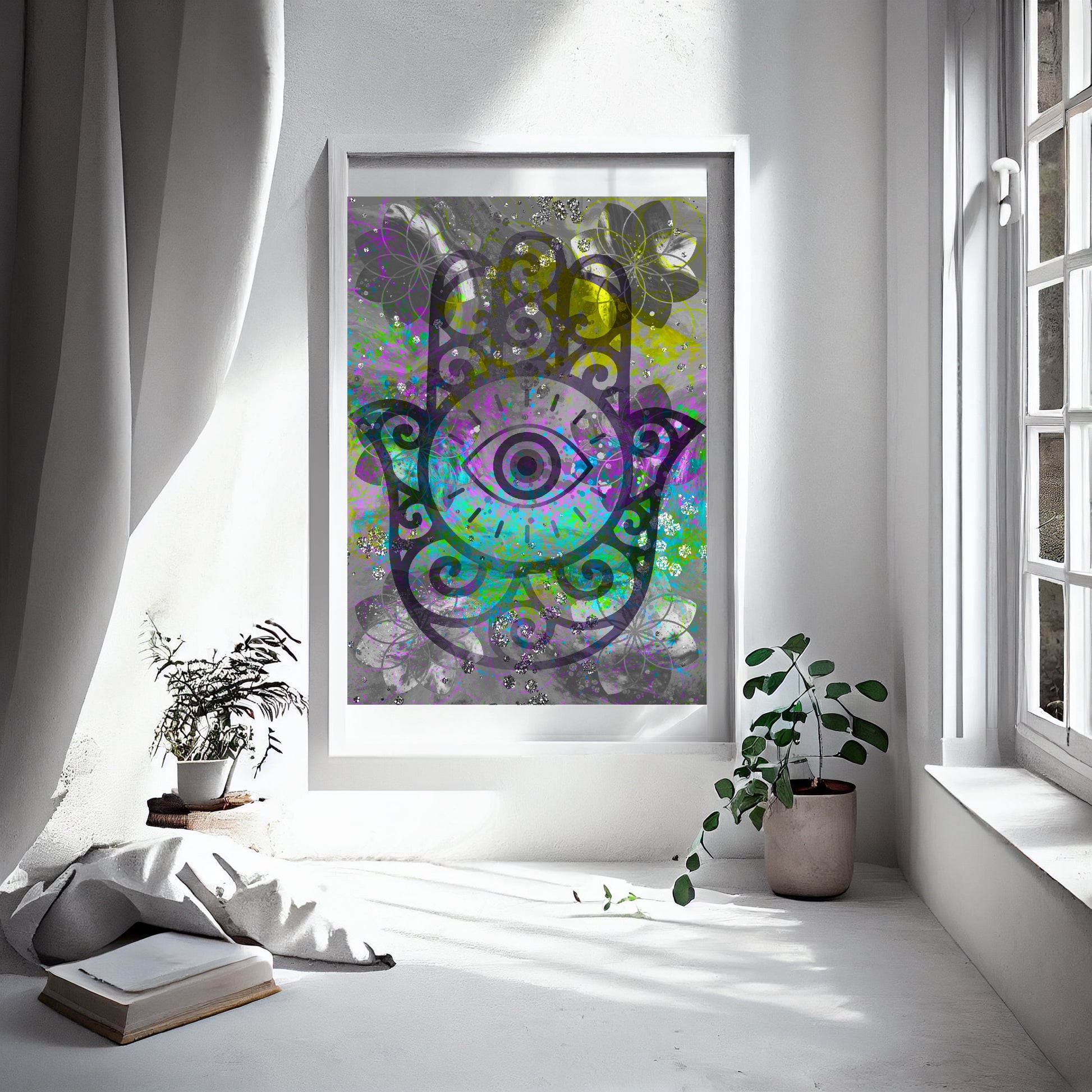 Hamsa hands wall art, Meditation art print, spiritual artwork, sacred geometry print, displayed in frame. - Ascension digital fine art 