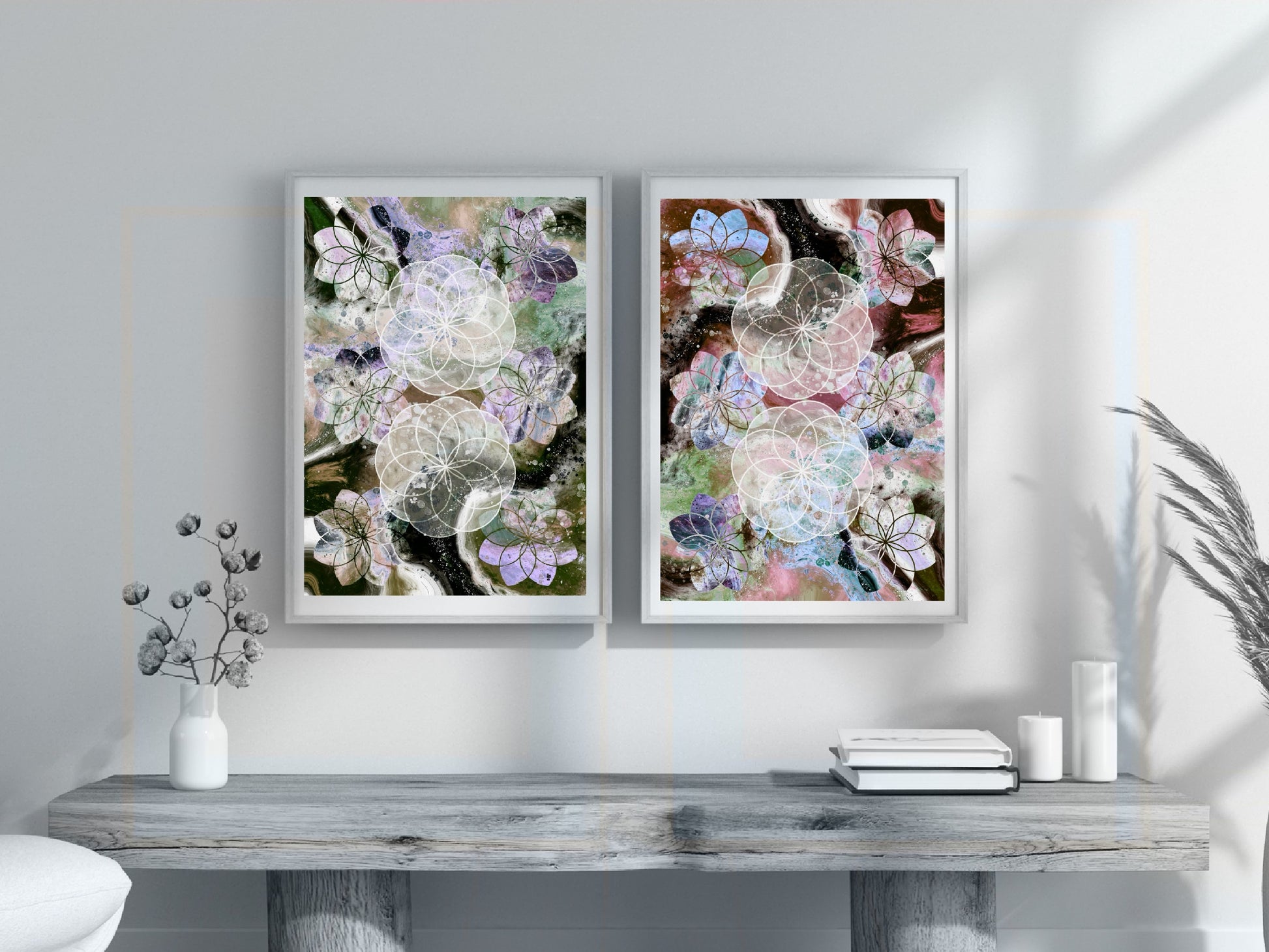 Sacred geometry wall art, spiritual art print, seed of life, muted tones, art print pair. Ascension digital fine art.