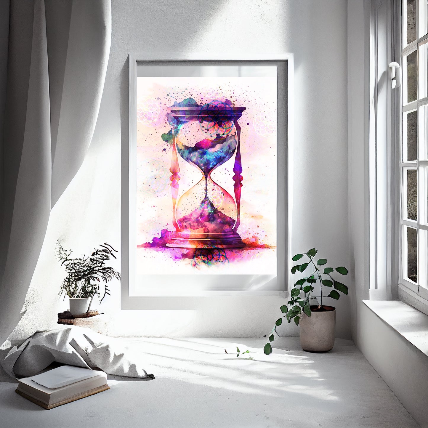 Hourglass wall art, Meditation art print, spiritual art, pink - Ascension digital fine art.