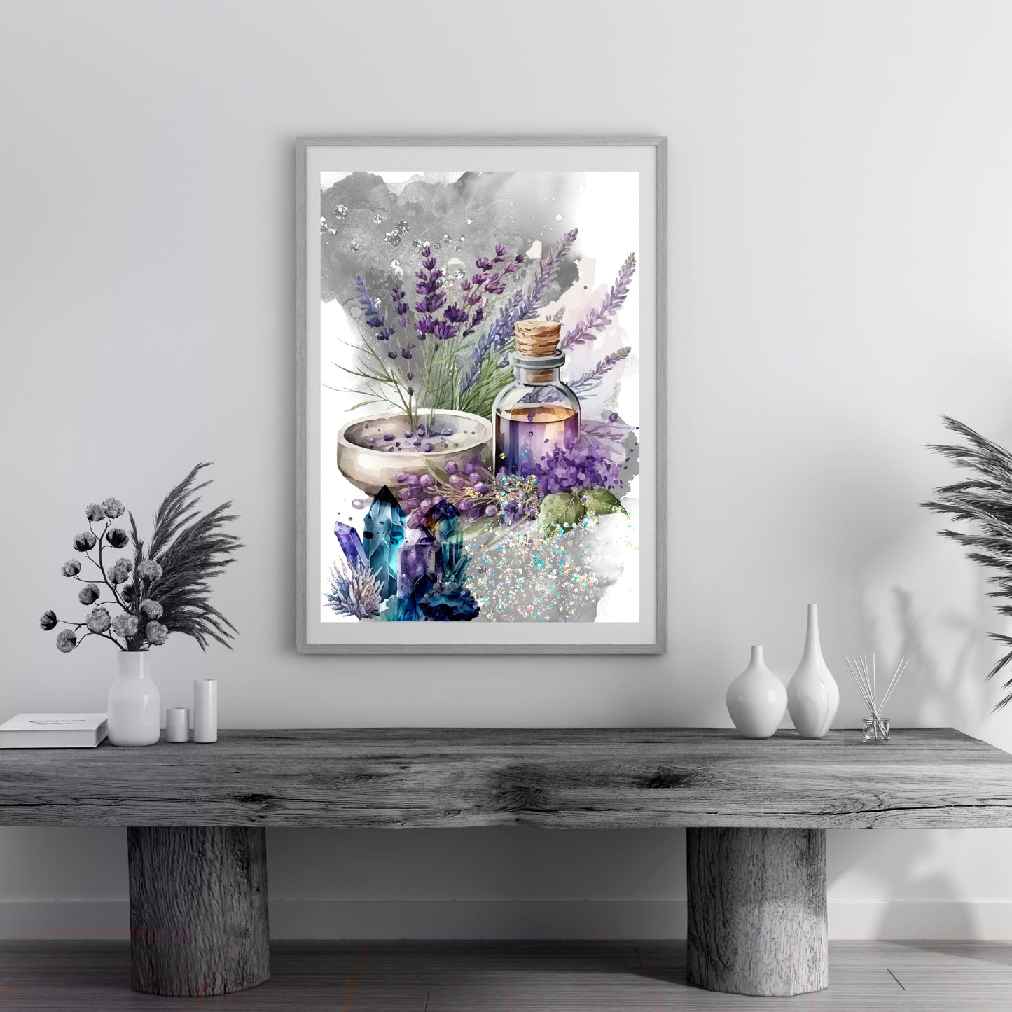 Meditation art print, spiritual wall art, lavender, apothecary, oil, crystals, purple and blue, embellished framed art print.