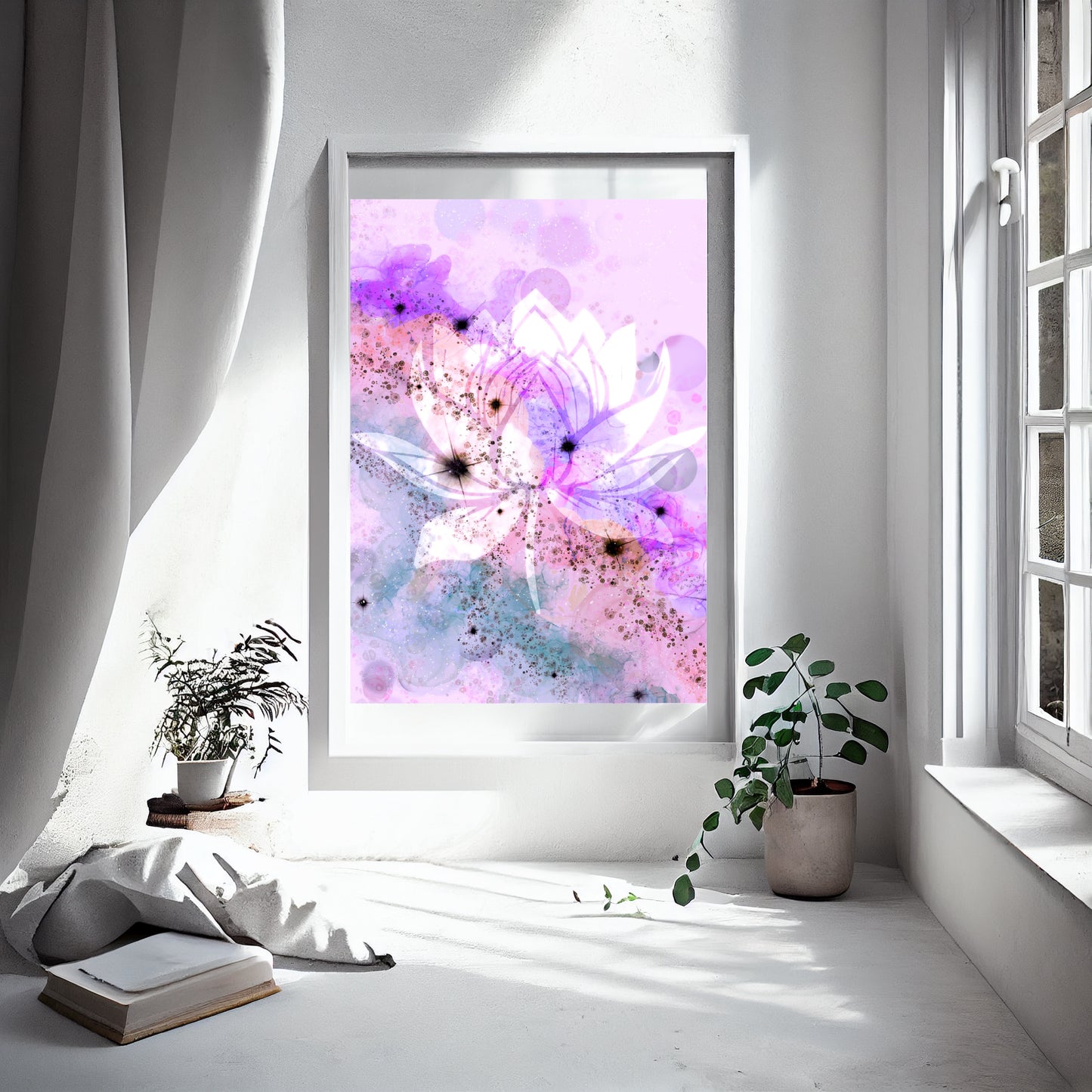 Lotus meditation wall art, spiritual art print, pink, displayed in frame, Ascension digital fine art.