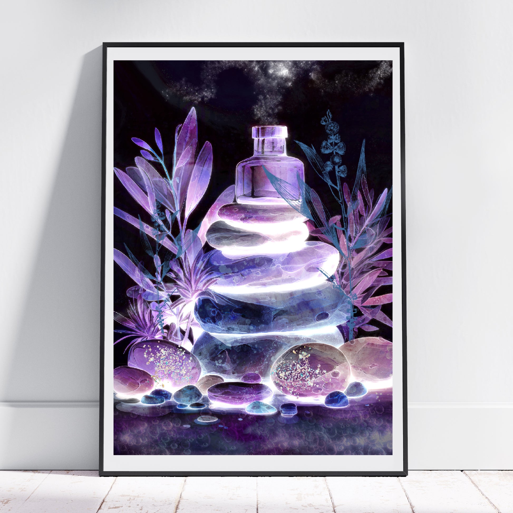 Spiritual wall art, balancing stones overlooking a stream at midnight, flowers glowing with vivid colours, purple. Meditation art print in mounted frame.