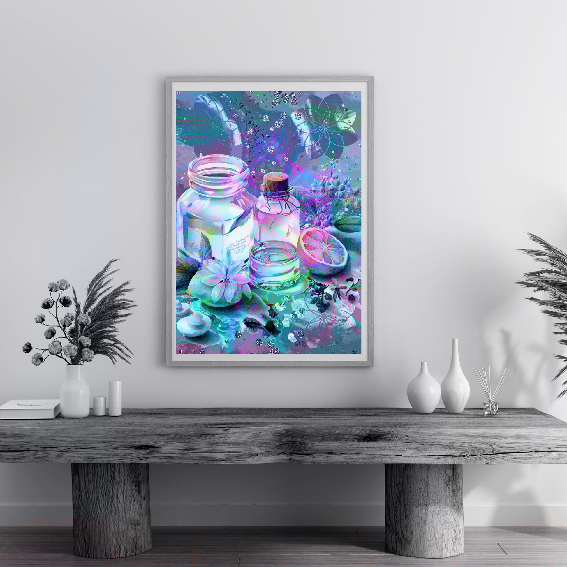 Meditation art print, spiritual wall art, Lilly, apothecary, oil, purple and blue, embellished framed art print.