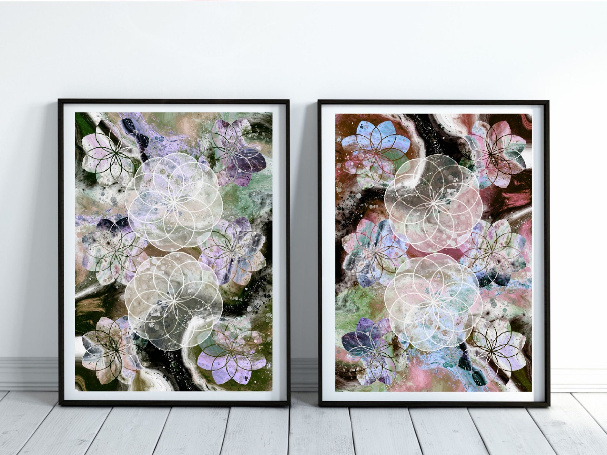 Sacred geometry wall art, spiritual art print, seed of life, muted tones, art print pair. Ascension digital fine art.