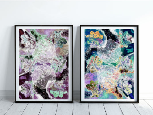 Spiritual wall art, sacred geometry  spiritual artwork pair  - Ascension digital fine art.