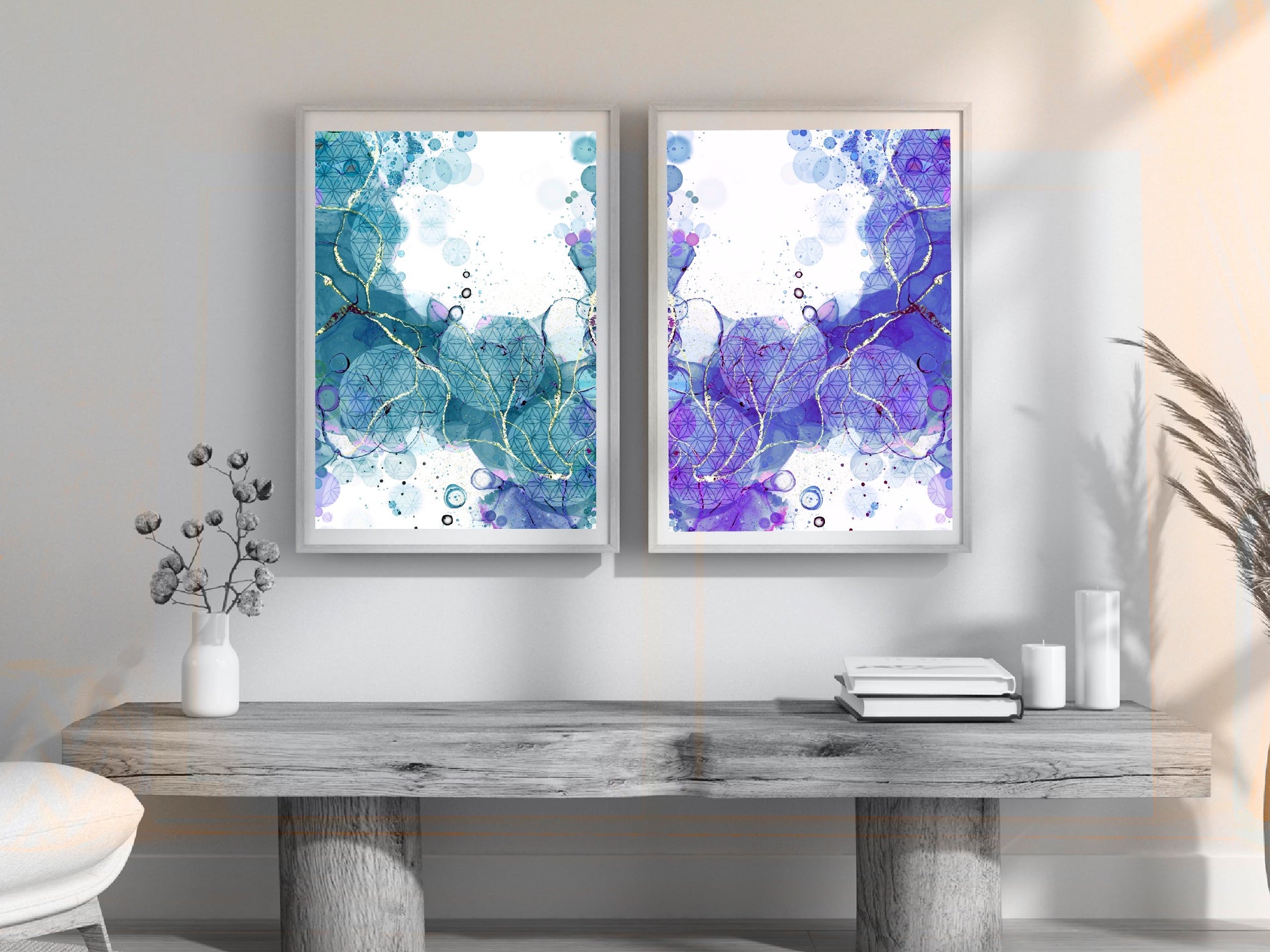 Spiritual wall art, flower of life Abstract art prints, vibrant teal and purple, set of two art prints displayed in mounted frames.