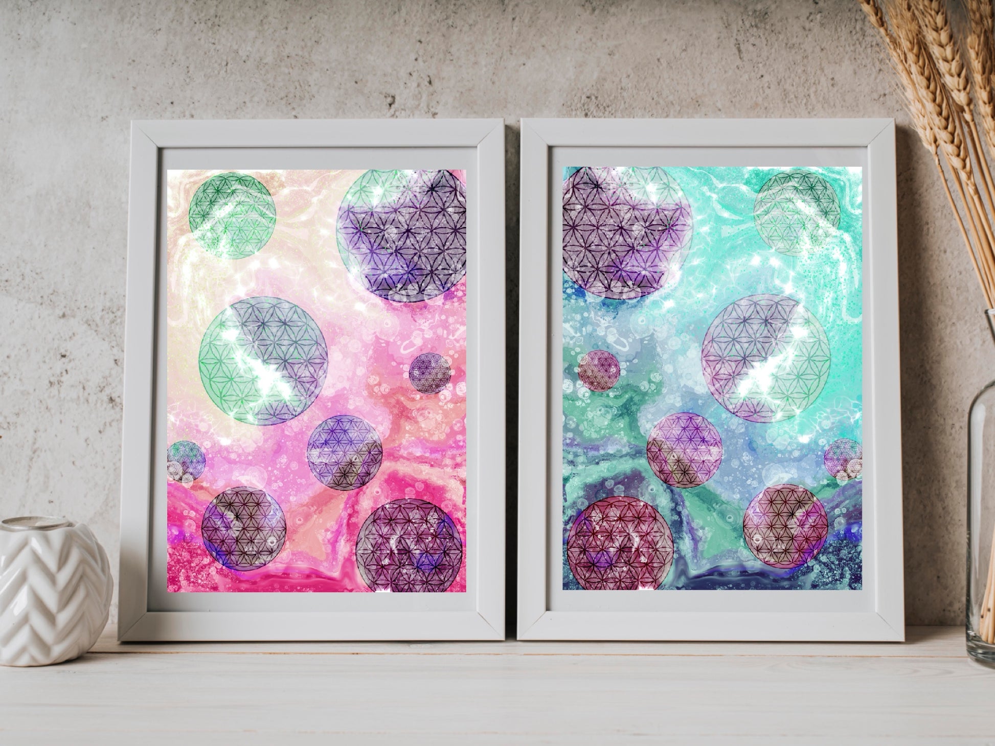 Sacred geometry wall art, flower of life wall art, spiritual art work, unique, meditation art print, vibrant, set of 2 prints, Displayed in frames. - Ascension digital fine art.