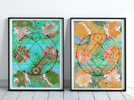 meditation wall art, spiritual art prints, set of 2, sacred geometry seed of life, green and orange, - Ascension digital fine art.