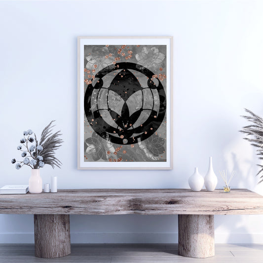 Lotus wall art, meditation wall art, spiritual art print, black, embellished - Ascension digital fine art.