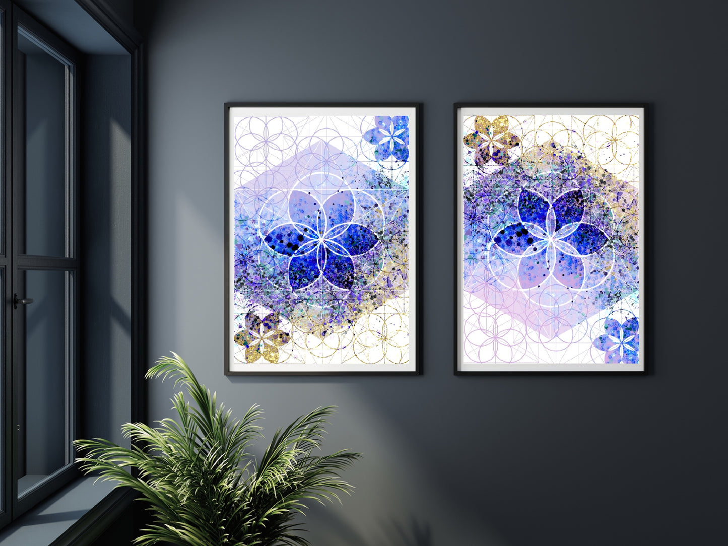 Sacred geometry wall art, seed of life wall art, spiritual art work, unique, meditation art print, vibrant, set of 2 prints, Displayed in frames. - Ascension digital fine art.