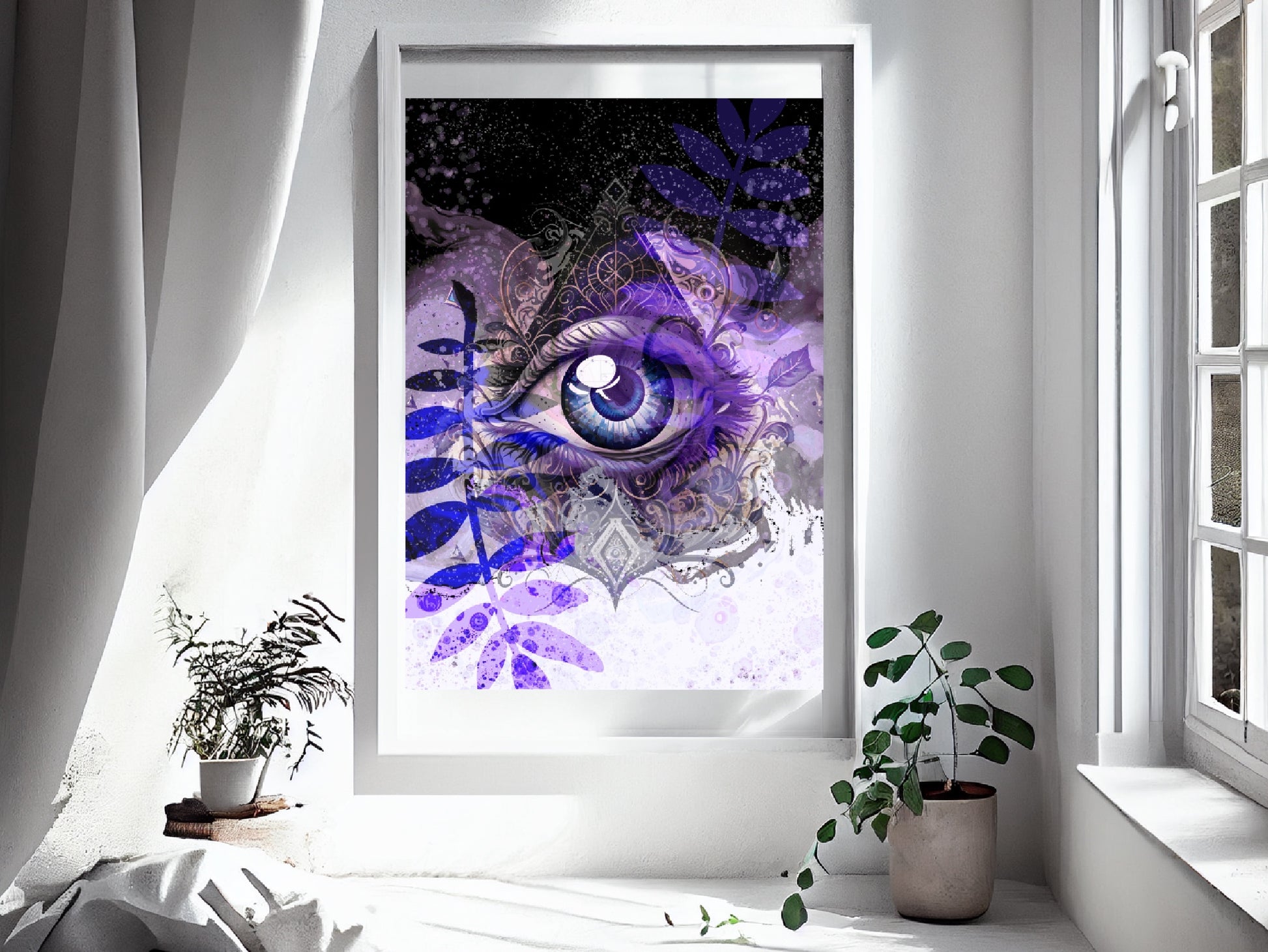 All seeing eye wall art, spiritual art print, meditation art, purple, displayed in frame, Ascension digital fine art.