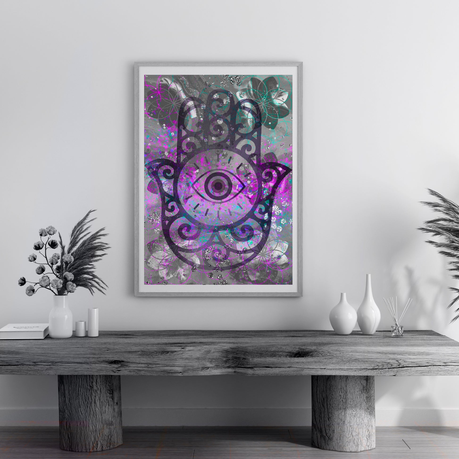 Hamsa hands wall art, Meditation art print, spiritual artwork, sacred geometry print, pink, displayed in frame. - Ascension digital fine art 