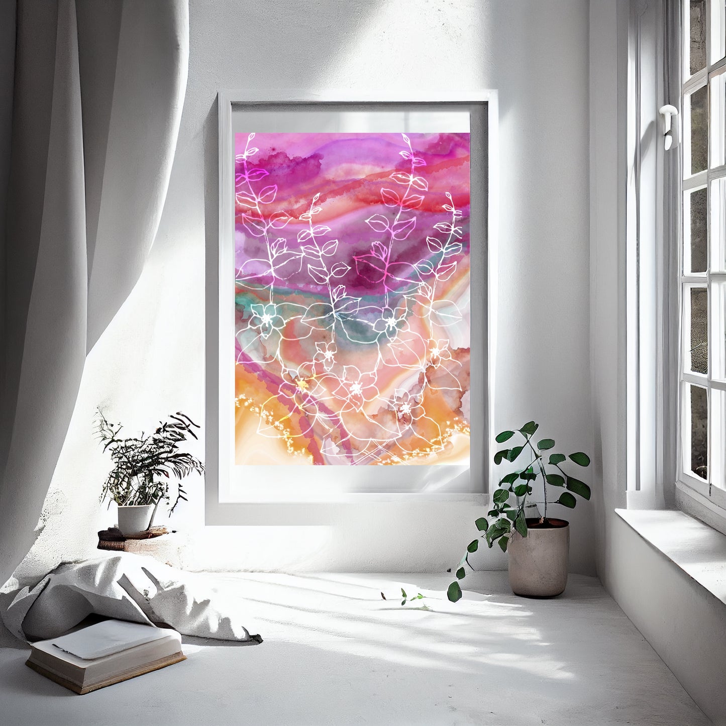 Watercolour nature meditation digital artwork art print, meditation wall art, displayed in frame - Ascension digital fine art.