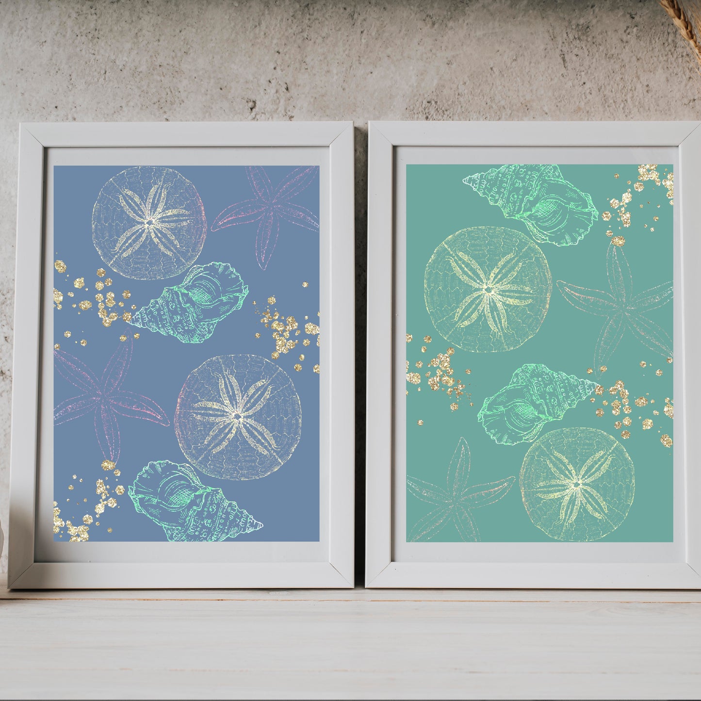 Coastal wall art, seashells art print, green and blue, spiritual wall art, set of 2, displayed in frame, ascension digital fine art.