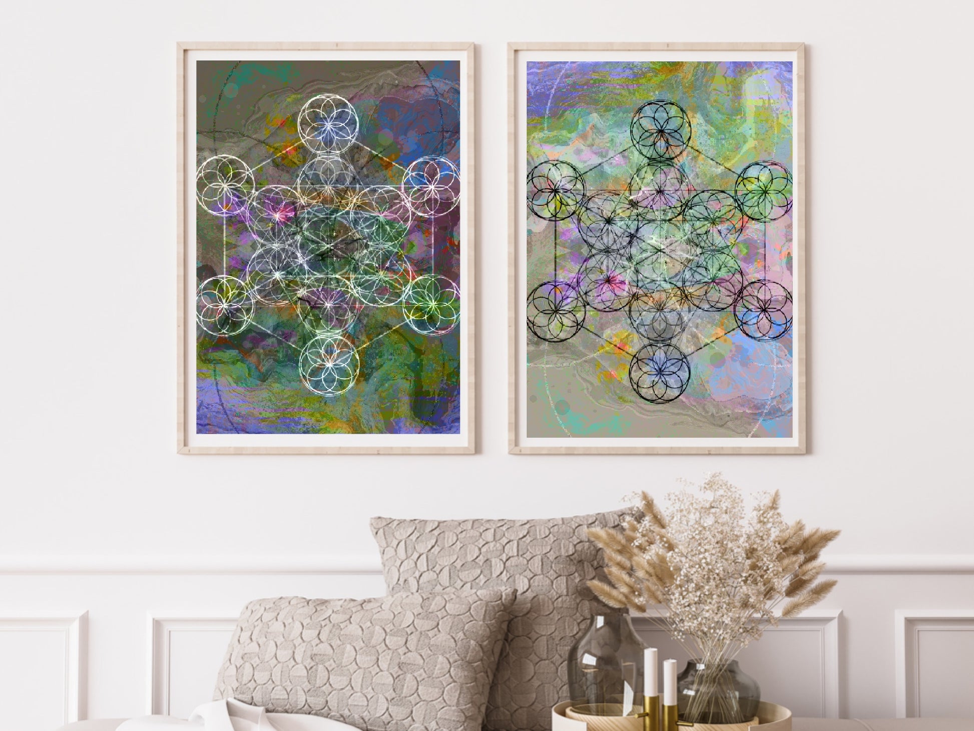 Metatrons cube pair Spiritual sacred geometry digital artwork pair art print. - Ascension digital fine art 