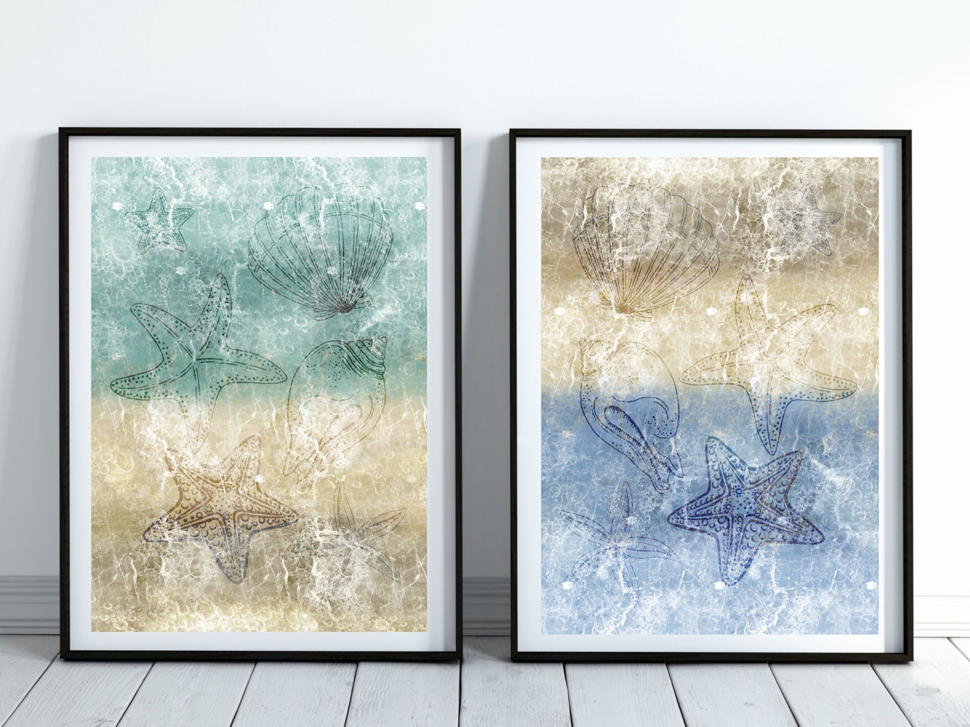 Coastal wall art, seashells art print, vibrant, spiritual wall art, set of 2, displayed in frame, ascension digital fine art.