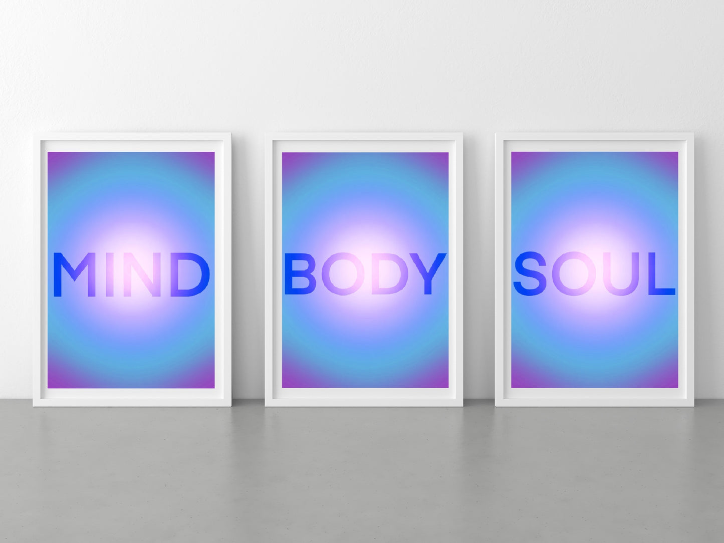 Meditation art print, mind, body and soul aura, spiritual wall art, purple, blue aura framed art set of 3 wall art prints in mounted frames. 